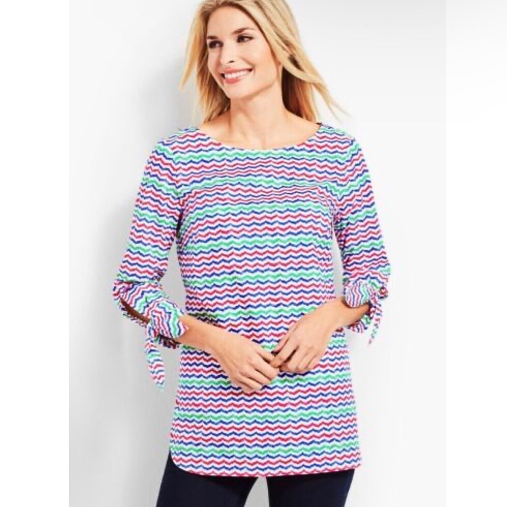 Talbots Women 1XP Petite Cotton Popover Peasant Top Bow 3/4 Sleeve Colorful